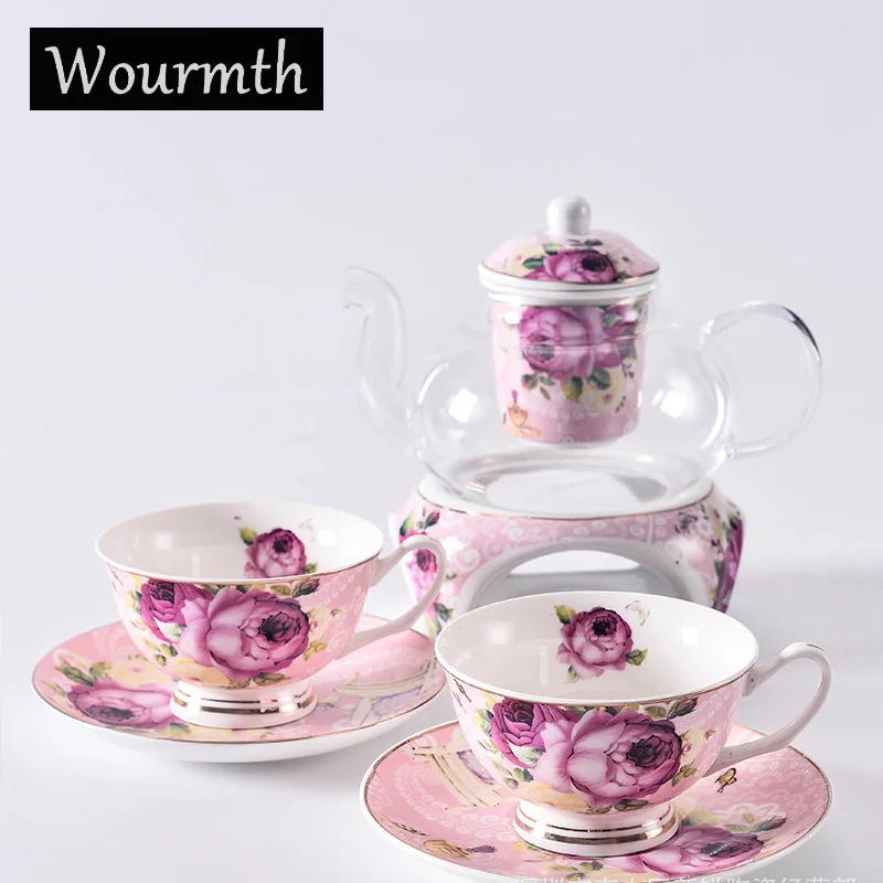 Pink teapot and 2cup Wourmth европейские цветочные чайные чашки чайный горшок набор может быть стекло с обогревом чайный горшок костяного фарфора чайная чашка и блюдце послеобеденный чайный Ресторан - Цвет: Pink teapot and 2cup