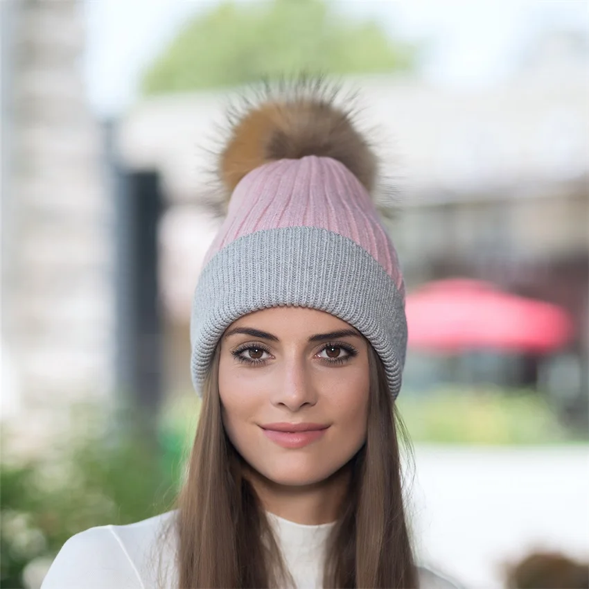 Lanxxy Для женщин вязаная шапка Кепки Gorro Натуральный мех pom hat капот Повседневное зима Шапки помпоном