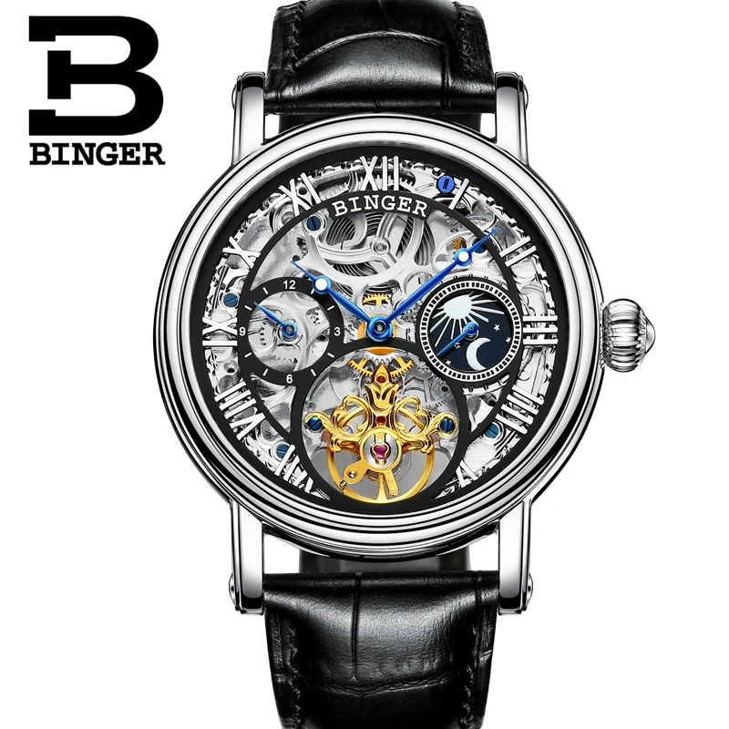 Швейцария БИНГЕР часы для мужчин люксовый бренд Tourbillon Relogio Masculino водостойкие Скелет механические часы B-1171-3