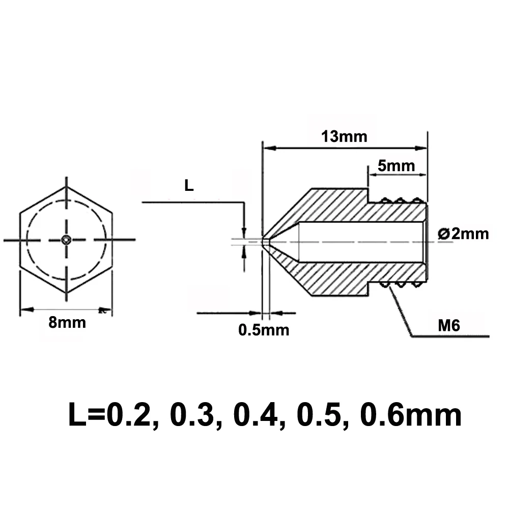 

5Pcs M6 Thread Big Head MK8 0.2, 0.3, 0.4, 0.5, 0.6mm/1.75mm 3D Printer Nozzle for Anet A8 Print Head