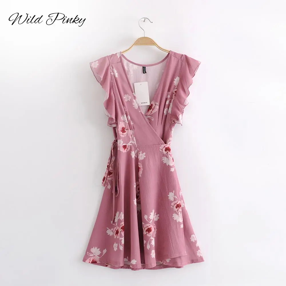 Женское мини платье WildPinky розовое пляжное с бантом и поясом треугольным вырезом