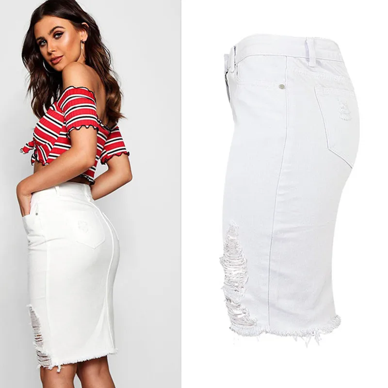2018 women clothing high waist hole split solid washed denim pencil skirt Female street fashion slim jean skirts TOP321# | Женская