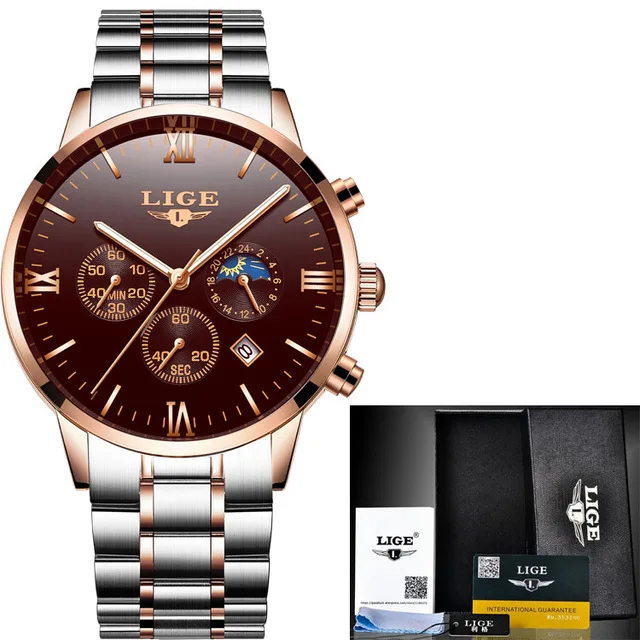 gold brown steel LIGE, мужские часы с хронографом, спортивные мужские часы, Топ бренд, Роскошные водонепроницаемые полностью Стальные кварцевые золотые часы, мужские часы - Цвет: gold brown steel