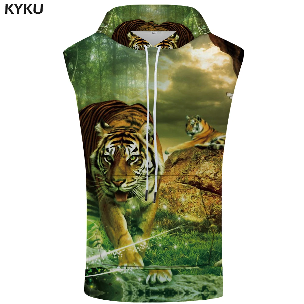 KYKU Tiger Толстовка без рукавов для мужчин животное Бодибилдинг голова пальто