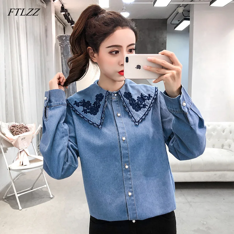 Женская джинсовая рубашка с вышивкой FTLZZ винтажная Повседневная длинным рукавом