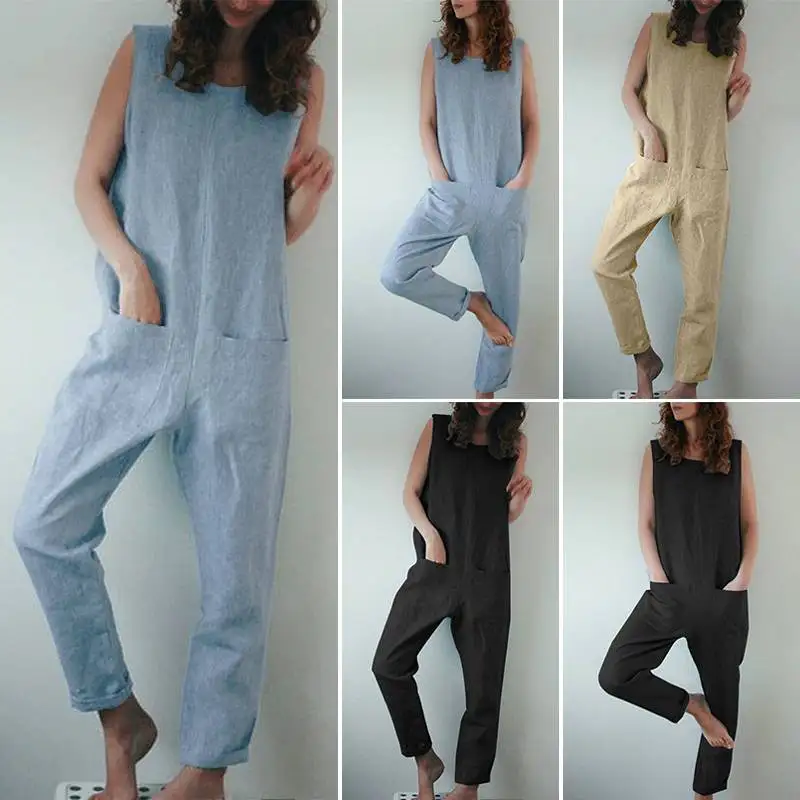 S 5XL ZANZEA Лето Strappy Длинные Rompers Для женщин из хлопка и льна комбинезоны брюки Винтаж без рукавов праздничный комбинезон женский