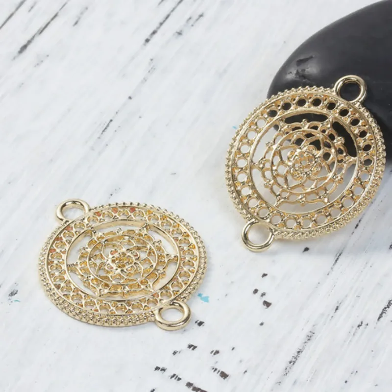 Doreen Box Zinc Based Alloy Buddhism Mandala Connectors Round Silver Color Gold Plated Hollow 37mm(1 4/8&quot) x 29mm(1 1/8&quot) 5 PCs |