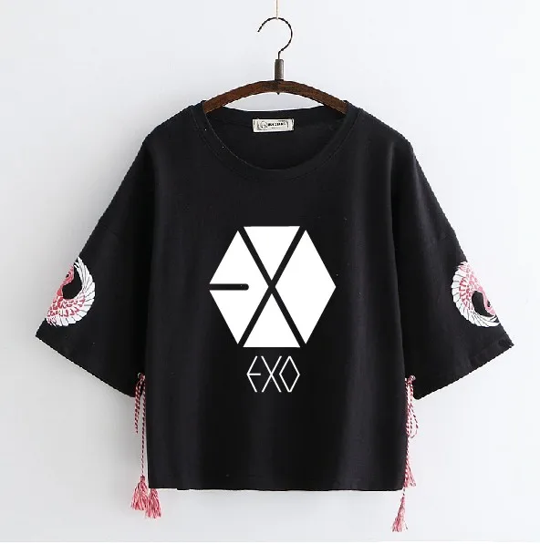 EXO хлопковая Футболка k pop в японском стиле маленькая футболка с круглым вырезом