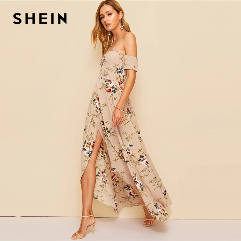 SHEIN Платье С Открытыми Плечами И Цветочным Принтом Летнее Макси Платье Без Рукавов