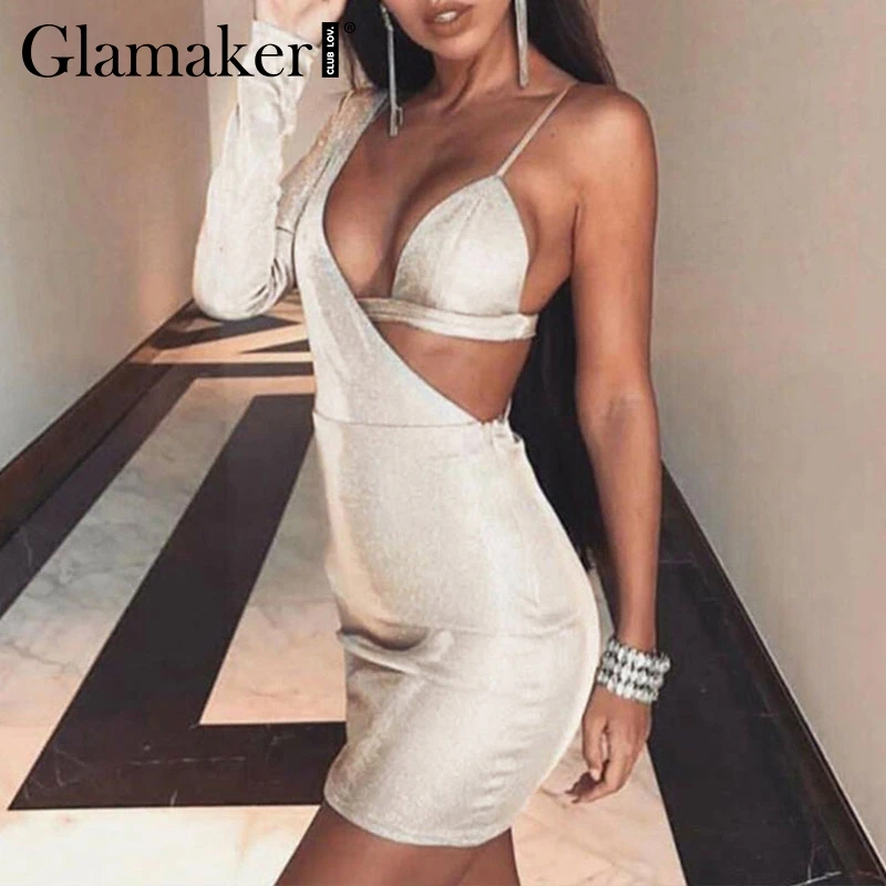 Женское платье с люрексом Glamaker облегающее на одно плечо треугольным вырезом