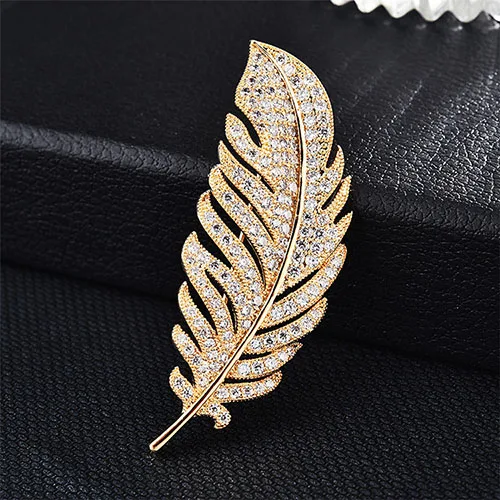 19042403-gold Нежные стразы, перо, брошь на булавке, женская, мужская брошь, циркон, растение, заколки с листьями, аксессуары для одежды - Окраска металла: 19042403-gold