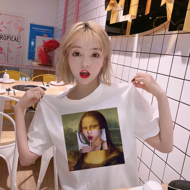 Mona Lisa повседневные модные летние женские Топы Ulzzang с коротким рукавом, свободные, Харадзюку, рисунок с героями мультфильмов, большой размер, хип-хоп рубашка
