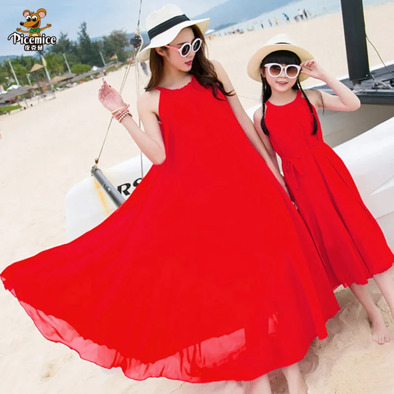 

Mother Daughter Dresses with Matching Belt 2020 Summer Chiffon Maxi Dress Women Girls Beachwear Plus Size Long Dress Family Look