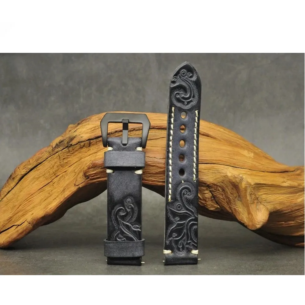 Hand-stitched Genuine Leather Watch strap Carved Embossed Watch Bands Belt with Stainless Steel Black Buckle 20mm 22mm 24mm
