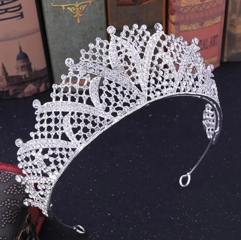 Silver White KMVEXO барокко Золотой Кристалл невесты Королева Король большая корона выпускного вечера свадебная диадема украшения для волос тиары Свадьба головная повязка украшения - Окраска металла: Silver White