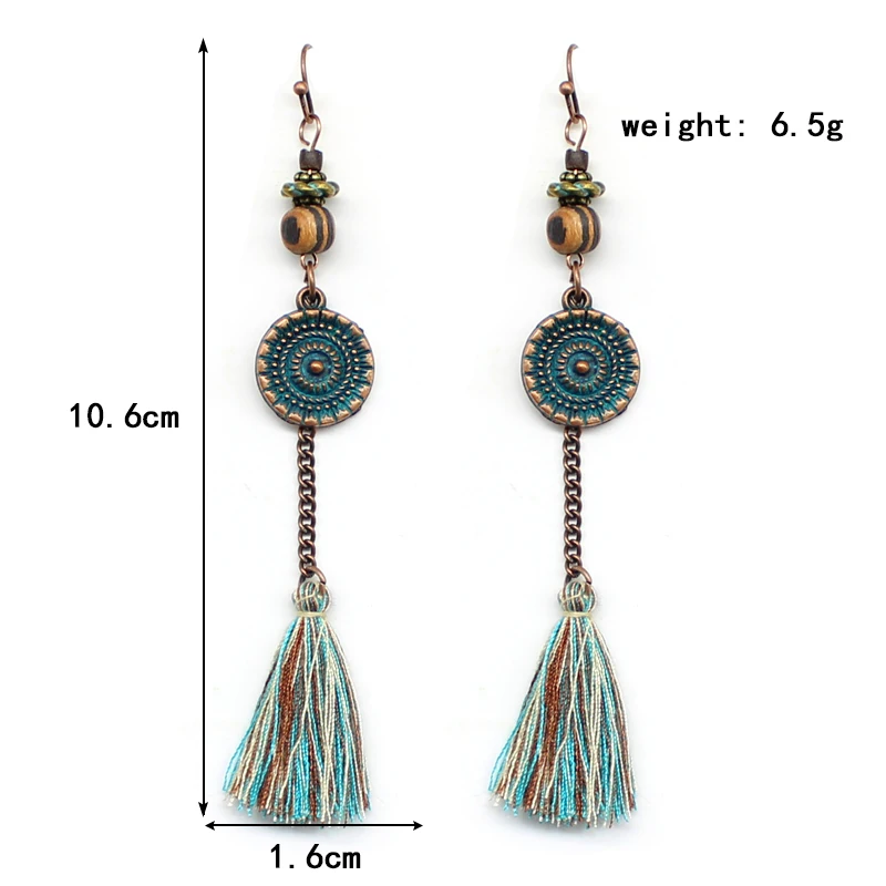 Retro Ethnic Green bronze Earrings Long Tassel Cotton thread Bohemian hook for Women Drop Fringed Earring | Украшения и