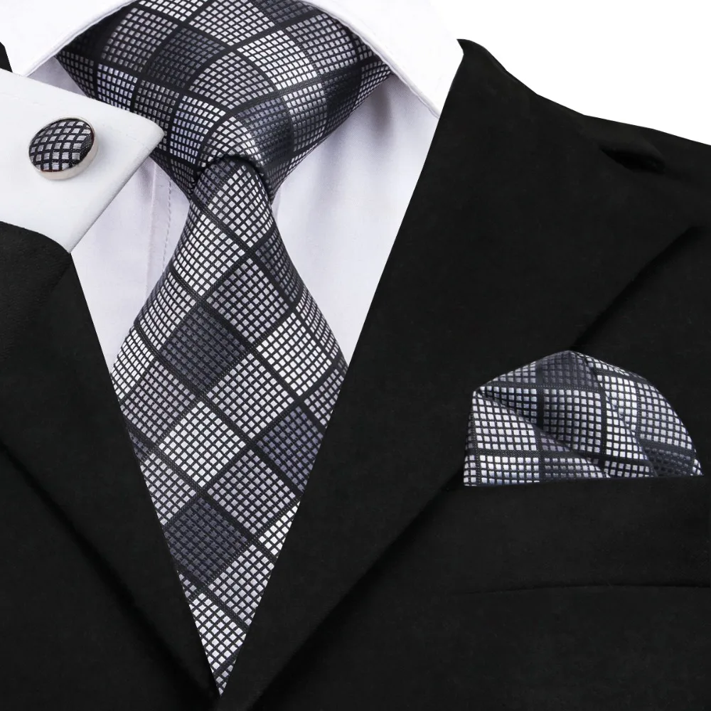 Мужской галстук модный черно-белый клетчатый Шелковый тканевый Hanky Cufflink набор