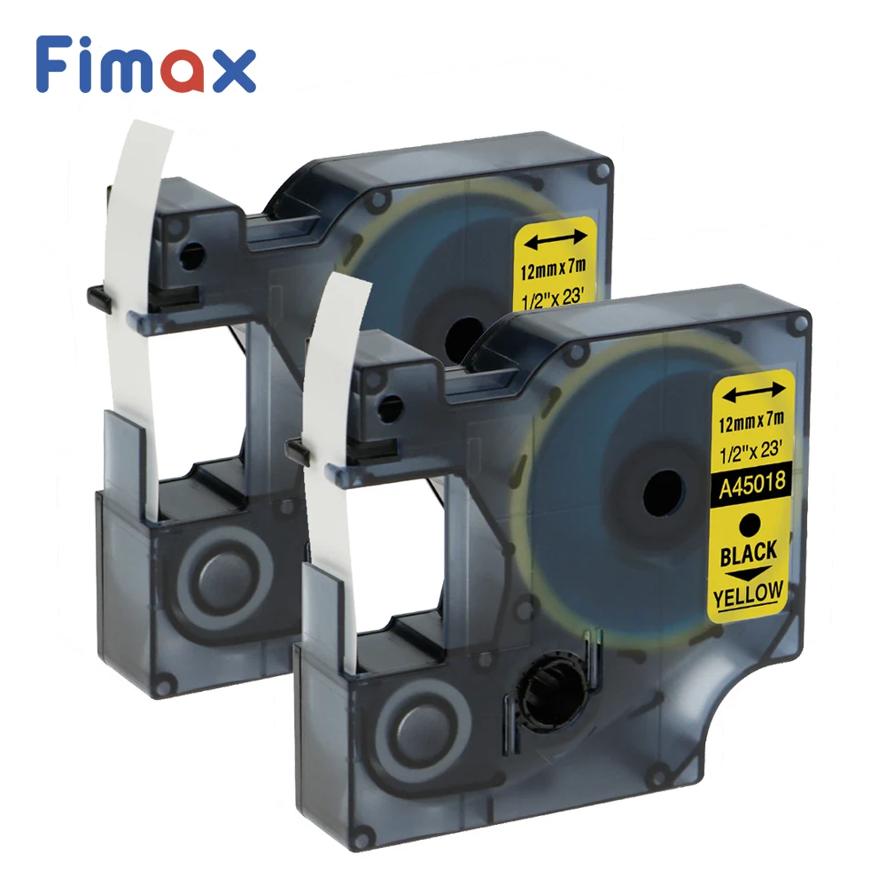 Fimax 2 Упаковка клейкая черная на желтой этикетке лента совместима с Dymo D1 45018 1/2