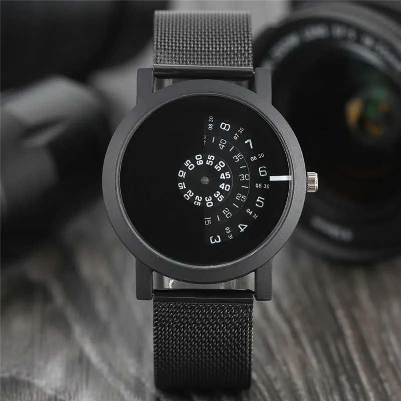

YISUYA Men Cool Turntable Circle Dial Half Arc Quartz Analog Wristwatch Stainless Steel Mesh Sport Casual Watches Creative Clock
