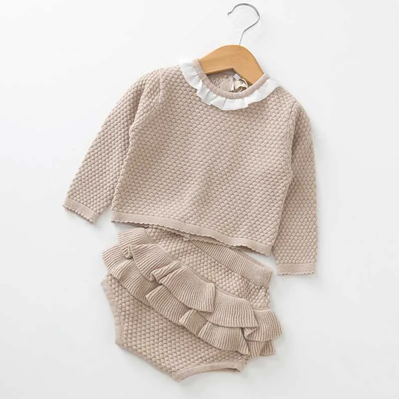 B83S04 Gary Baby knitting Clothing Sets Two Girls Suit Knit 0-2 Year Cotton Baby Long Sleeve Blouse+ Lotus Leaf Shorts Baby Clothing Set - Цвет: B83S04 Gary