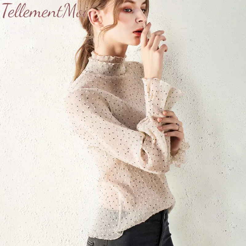 Spring Summer Sexy Sheer Shirt Women Turtleneck Tops Chiffon Ruffled Long Sleeve Slim Ladies Streetwear Tees Sweet Blouse Shirts |