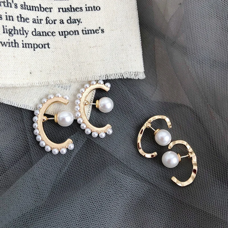AOMU Korean Chic Style S925 Sterling Silver Pin Gold Metal Curved Wave Line Pearl Circle Earrings for Women Girl Jewelry Set