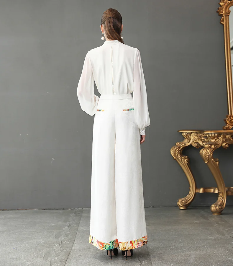 VOA тяжелый шелк Boho Белый Палаццо широкие брюки женские длинные брюки плюс размер свободный крой, повседневный пляжный офисный формальный Высокая талия K382
