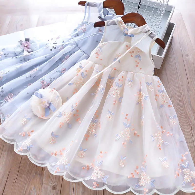2019 NEW !!  Summer girl mesh dress  / Embroidery flower / dress and bag 2 pcs set