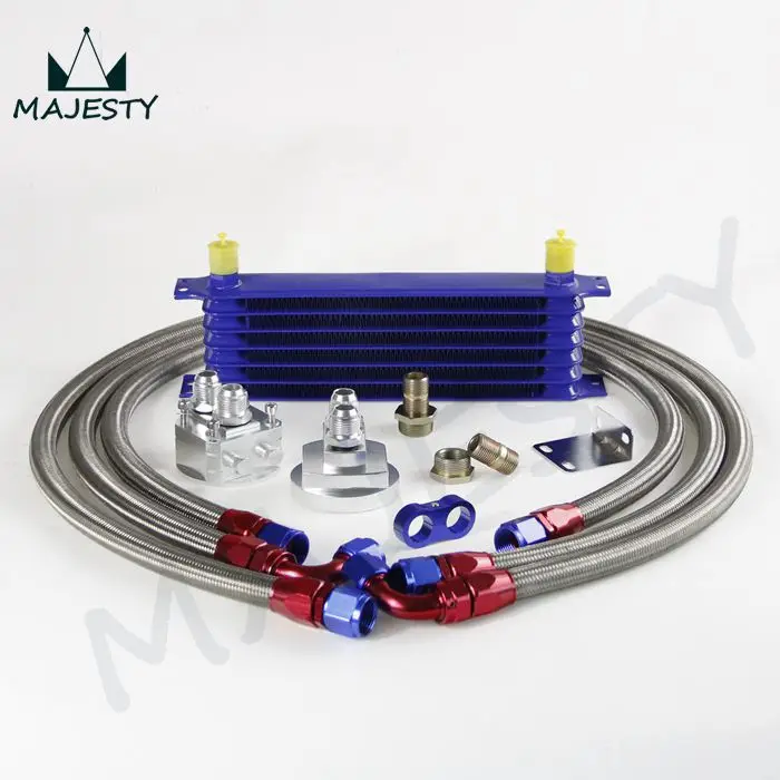 

BLUE 7 ROW AN-10AN UNIVERSAL ENGINE TRANSMISSION OIL COOLER+SILVER FILTER RELOCATION KIT