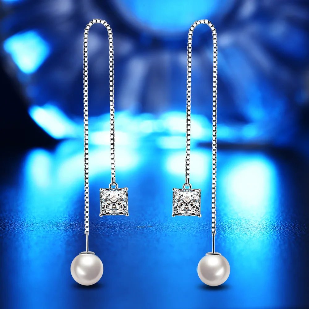Simple Inlay CZ Imitation Pearl LONG Tassels Dangle Earring for Women Silvery color ear Jewelry Gift Drop Shipping | Украшения и
