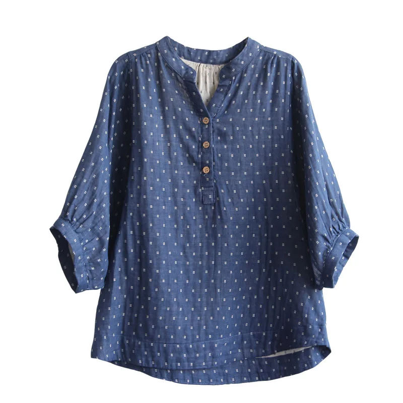 Dot printing v-neck Cotton yarn shirt top mori girl 2018 Summer |