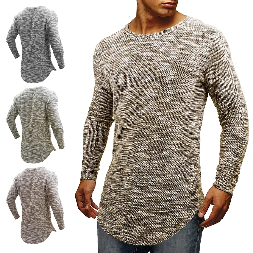 Мужская футболка с длинным рукавом Удлиненный топ изогнутым подолом Уличная