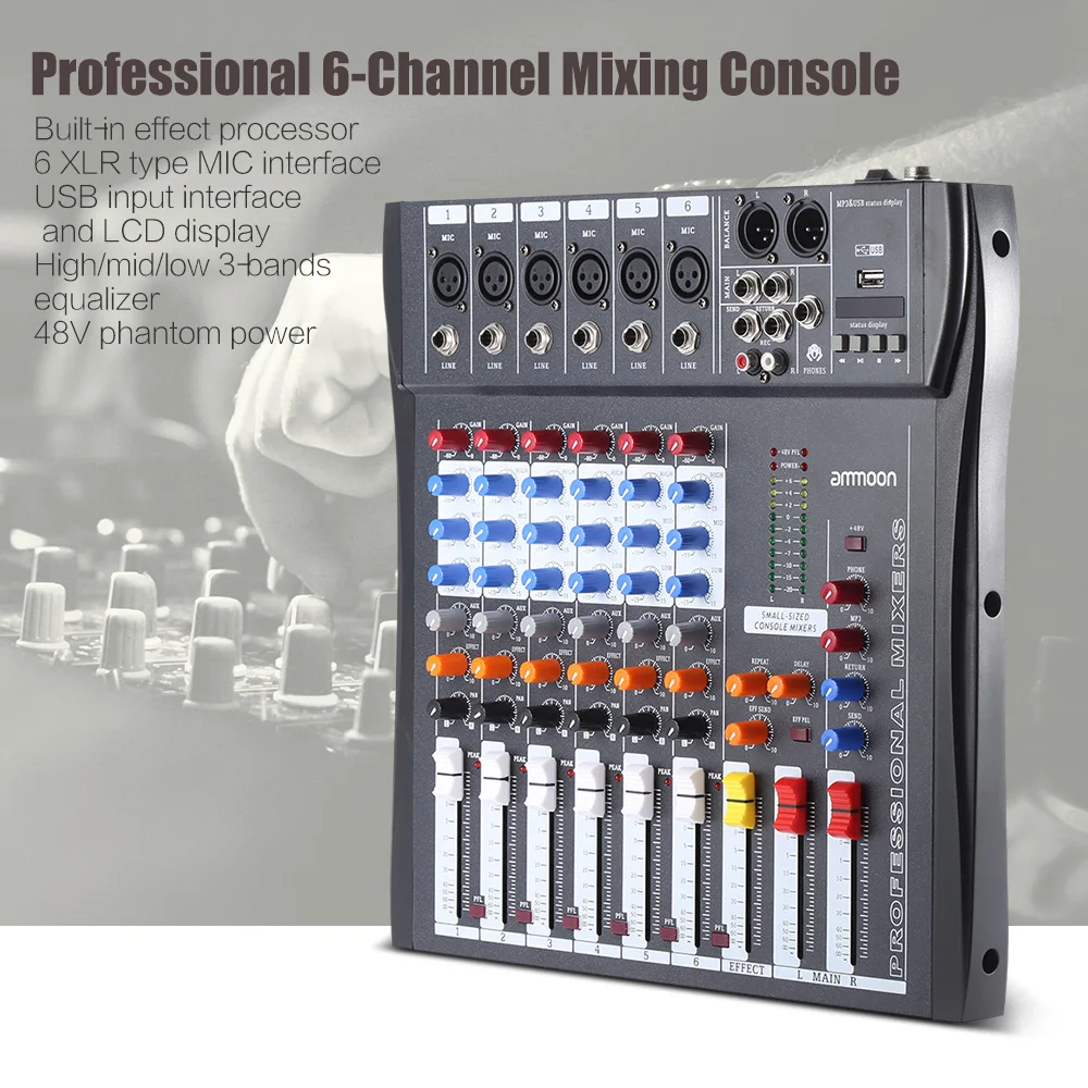 Ammoon 60S USB 6 каналов Mic Аудио миксер микшерная консоль 3 полосный эквалайзер XLR вход