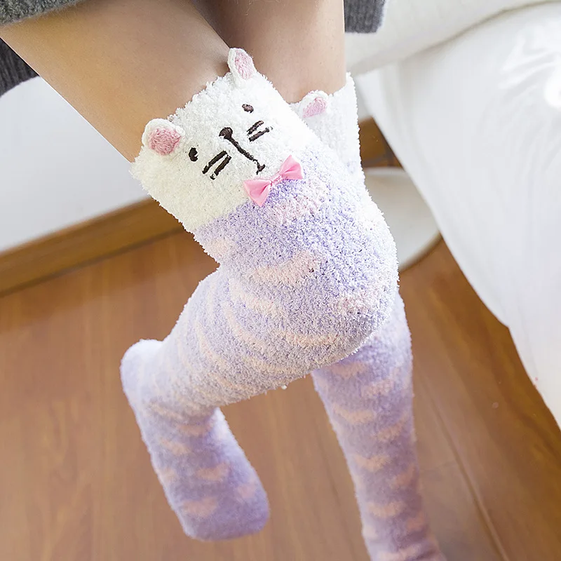 Japanese Mori Girl Animal Modeling Knee Socks Striped Cute Lovely Kawaii Cozy Long Thigh High Socks Compression Winter Warm Sock
