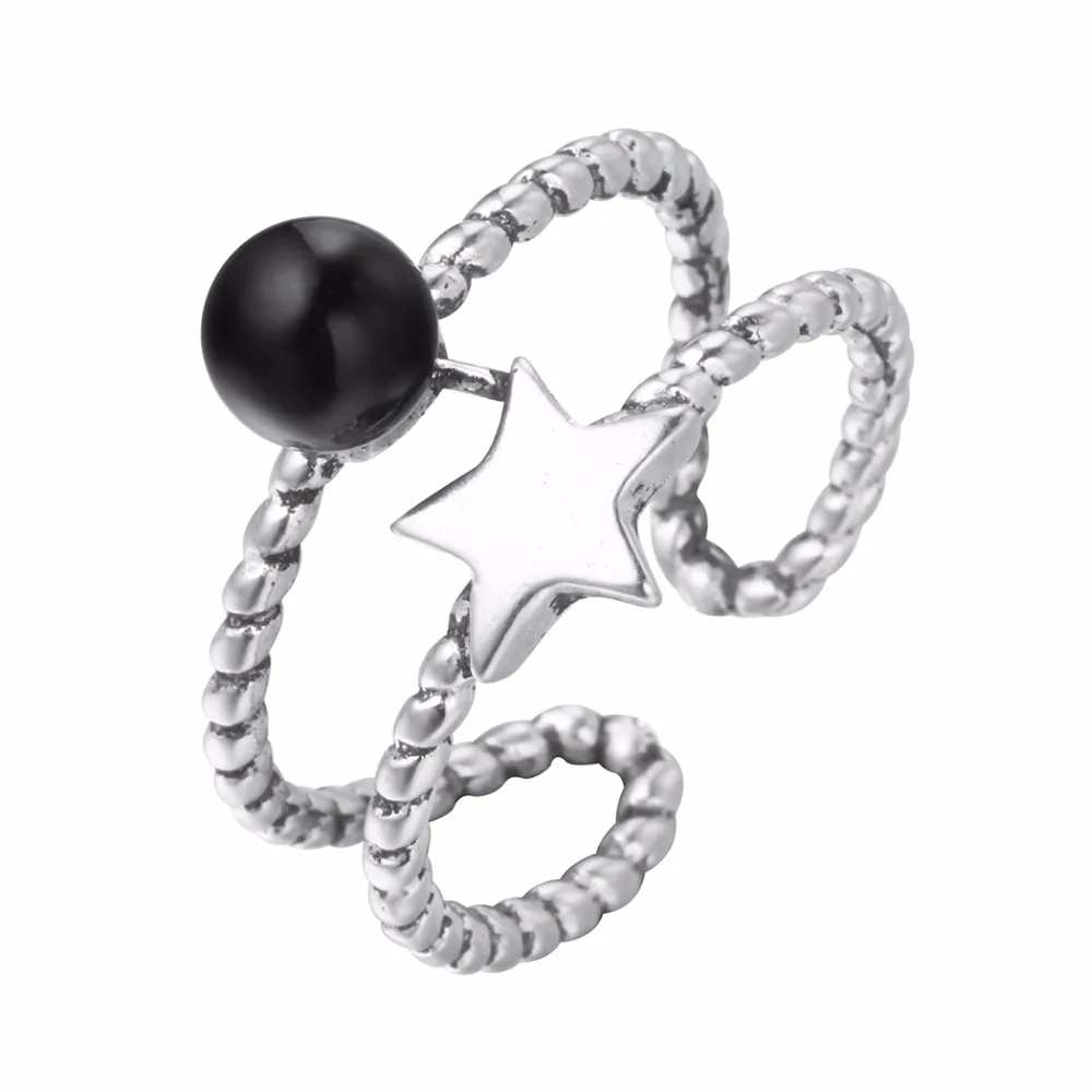 Kinitial Vintage Star Black Stone Rings For Women Adjustable Double Twisted Line Antique Silver Color Fashion Finger Jewelry | Украшения и