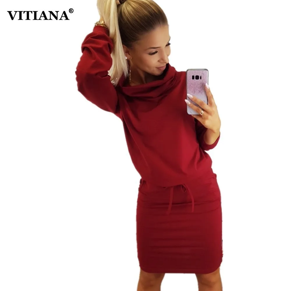 VITIANA Women Pencil Dress Female Autumn Solid Black Long Sleeve Knee-length Elegant Belt Loose Casual Office Work Dresses | Женская