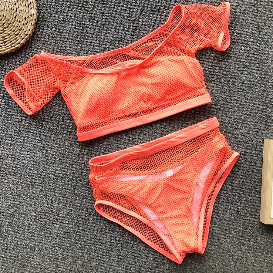 

ZMTREE 4 Pieces Bikinis Set High Leg Cut Waist Swimwear Mesh Beach Bathing Suit Look Through Women Swimsuit Off Shoulder Bandage