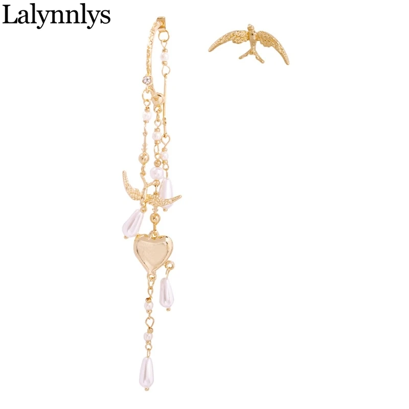 Lalynnlys серьги-капли розового дизайна с золотыми птицами для девочек, серьги с искусственным жемчугом и металлической бахромой, аксессуары для ушей E61181