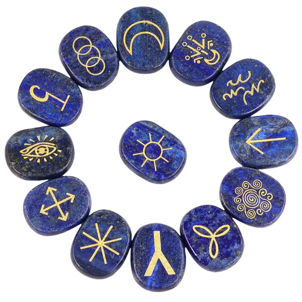 

TUMBEELLUWA 1Lot (13Pc) Crystal Engraved Gypsy Symbol Witches Rune Set Palm Stone for Healing Meditation Divination