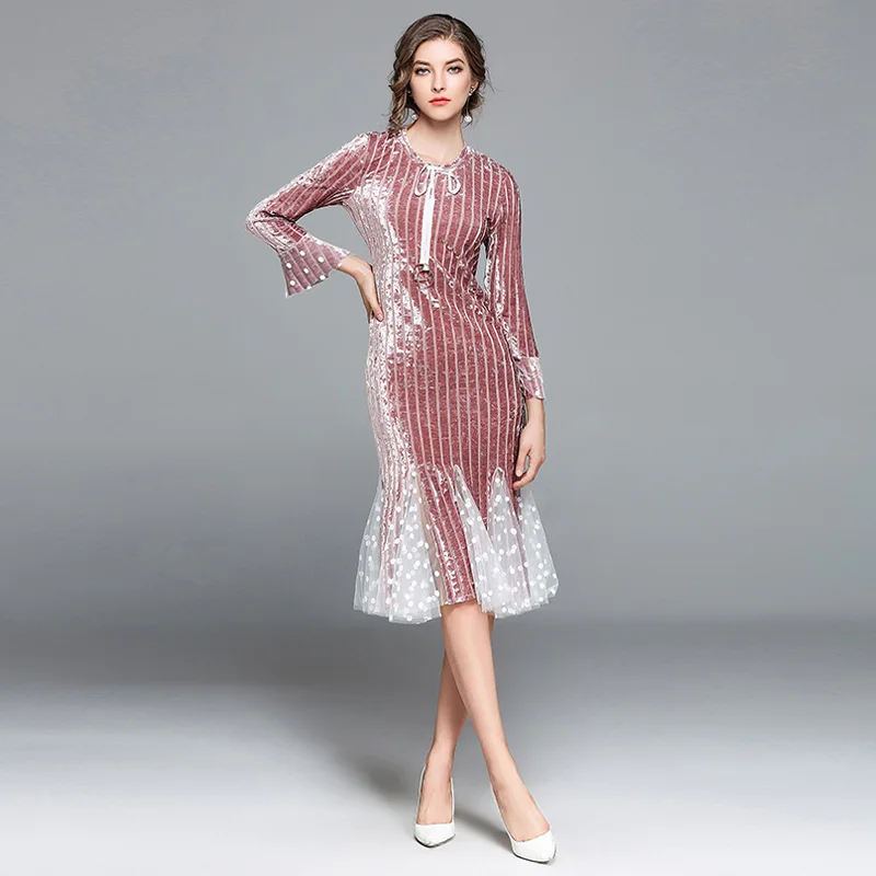 Fitaylor New Autumn Winter Women Elegant Velvet Dress Slim Tulle Patchwork O Neck Long Sleeve Knee-length Mermaid Party | Женская одежда