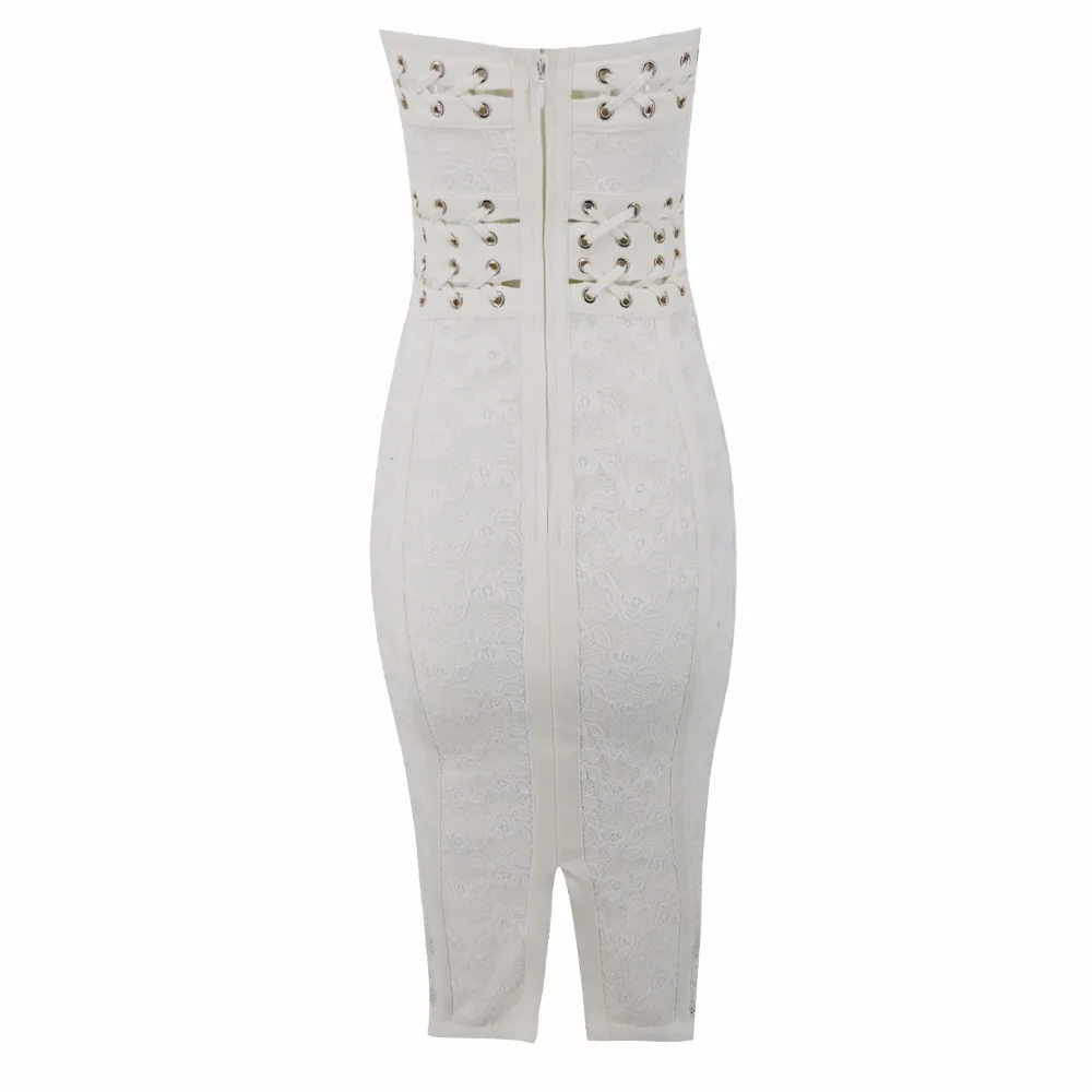 2019 Women Wedding Cocktail Premium Multi Eyelet Strapless Bodycon Hollow Out White Lace Up Side Knee Length Bandage Party Dress | Женская