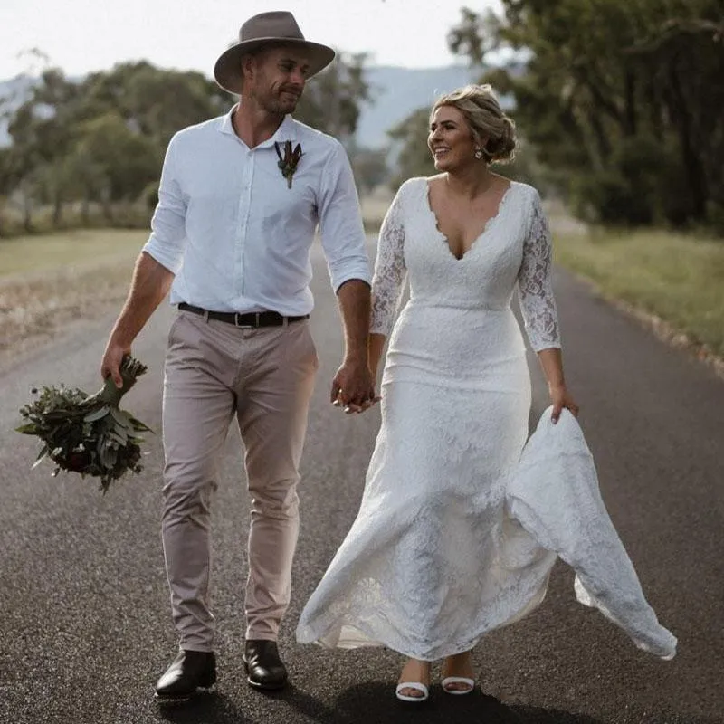 

Plus Size Full Lace Mermaid Wedding Dresses V Neck 3/4 Sleeve Country Bridal Dress Zipper Back Rustic Robe de mariee