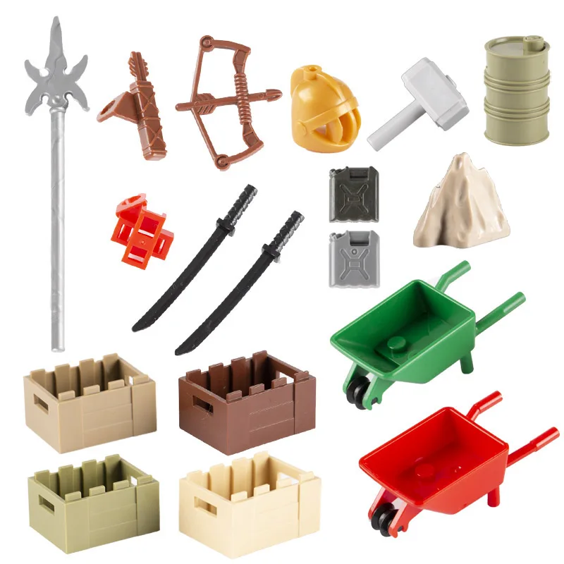 

MOC Blocks Bricks Medieval Weapon Bow Arrow Fork Sword Hammer Helmet Knife Oil Drum Army Building Blocks military Parts Toy C103