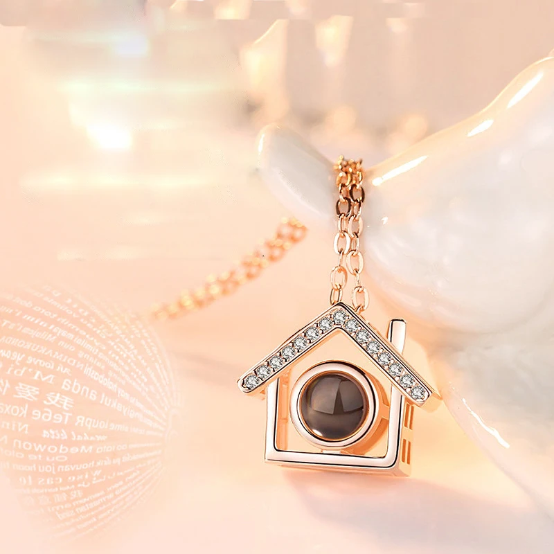 1PC Female Zircon House Necklace Silver 100 Languages Light I Love You Projection Pendant Clavicle Chain Charm Jewelry | Украшения и