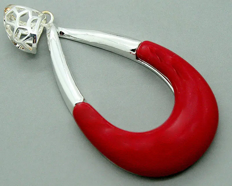 

VINTAGE 925 STERLING SILVER CLEAR RED CORAL WATERDROP HOLLOW PENDANT 50x28MM