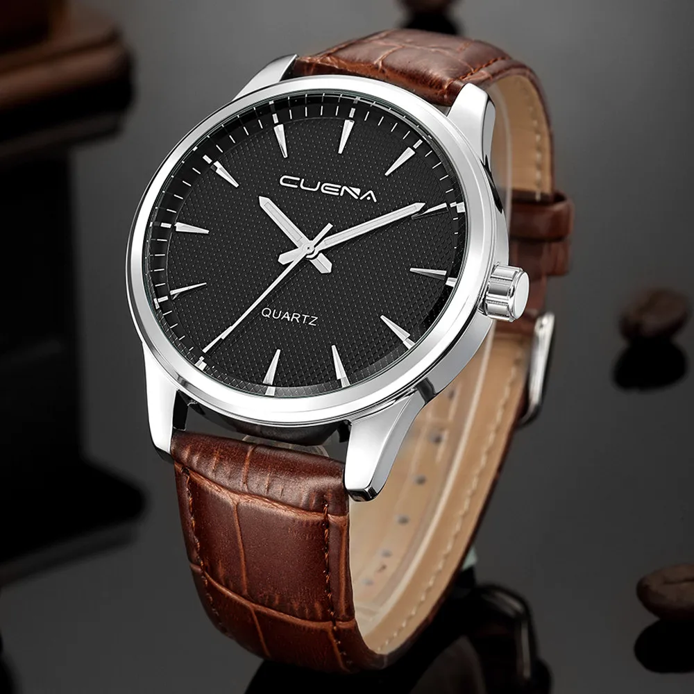 CUENA мужские наручные часы модные кожаные спортивные Кварцевые Серебристые из