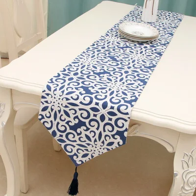 Pattern A Junwell поли/Лен Печать настольная дорожка китайский фарфор стиль дорожка скатерть с кисточками синий и белый - Цвет: Pattern A