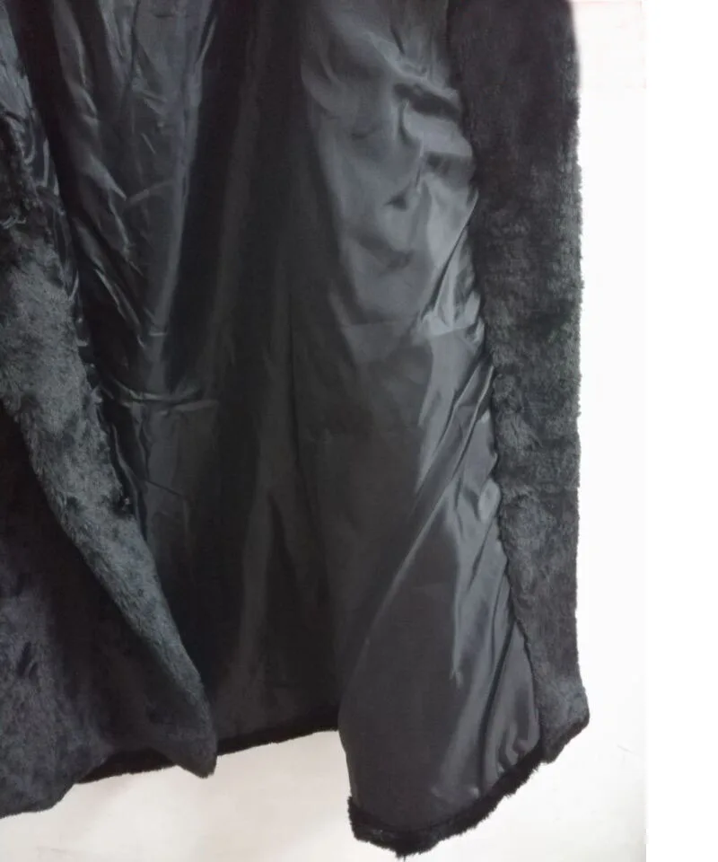 Женское теплое пальто с капюшоном черное Свободное из искусственного меха