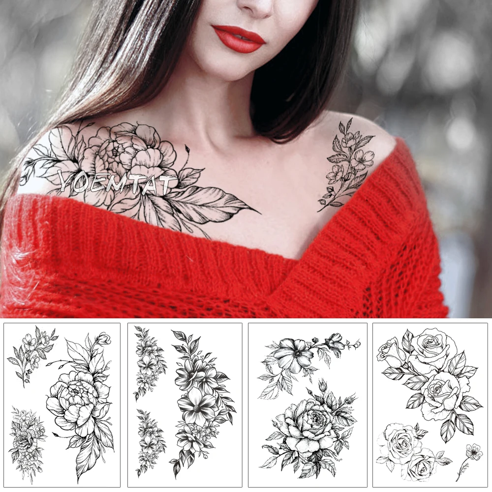 Geometric Flower Rose Eye Leaves Waterproof Temporary Tattoo Sticker Diamond Peony Black Tattoos Body Art Arm Fake Tatoo | Красота и