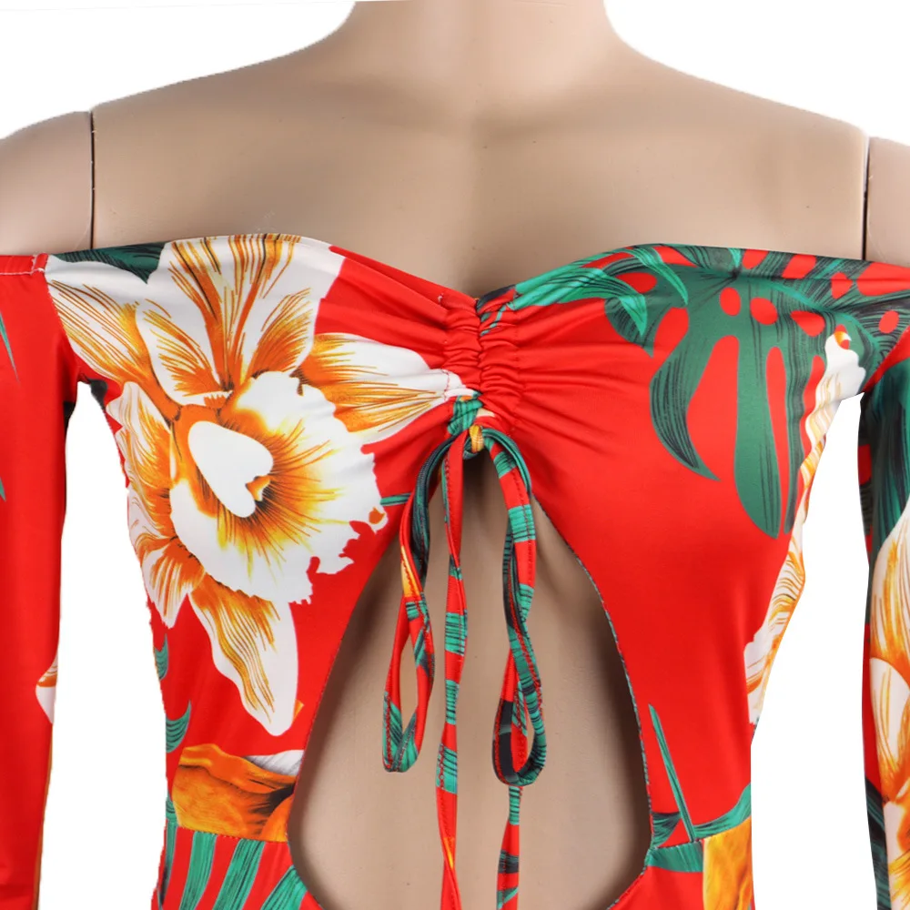 Women Printing Dress Sexy Off Shoulder Backless Cut Out Chest High Split Dresses Club Fashion Wear Night Floral Robes | Женская одежда